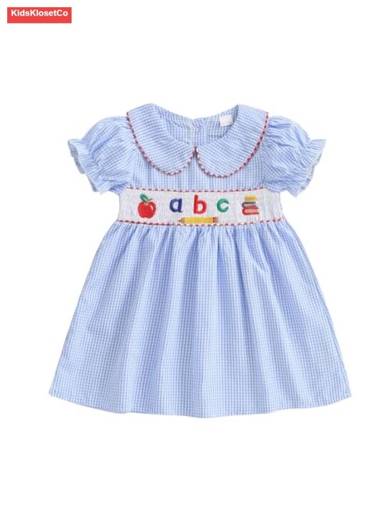 Other - Toddler Girl Back to School Dress Plaid Embroidery Puff Sleeve Smocked